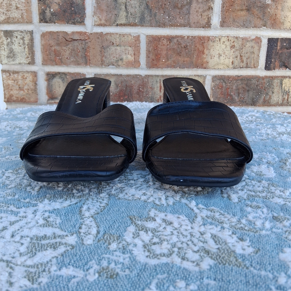 Yosi Samra Croc- Embossed Black Women's Slide Heel Sandals New Sz.9 - Picture 4 of 13